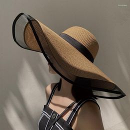 Wide Brim Hats French Style Woman Straw Gauze Jointn Black Ribbon Large Sunshade Ins Celebrity Outing Fashion Beach Holiday Glacier Hat