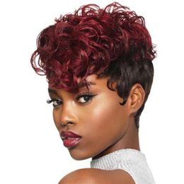 Short Pixie Cut Wig Natural Straight Remy Brazilian Lace Women's 180% Density Black Plus Burgundy Women's Deep Water Wav238h