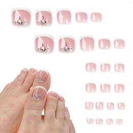 False Nails 24pcs DIY Full Cover Nude Pink Static Short Daily For Women Square Press On Toenail Fake Rhinestone French Tips Party