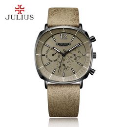 JULIUS Real Chronograph Men's Business Watch 3 Dials Leather Band Square Face Quartz Wristwatch Watch Gift JAH-098259t