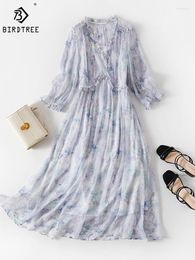 Casual Dresses Birdtree Real Mulberry Silk Dress Women Elegant Crinkle Half Sleeve Floral Midi Female Summer 2023 D36920QM