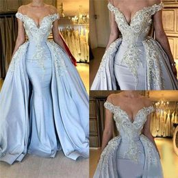 Sexy Light Sky Blue Mermaid Prom Dresses with Long Train Beadings Crystals Sequined Off Shoulder Evening Gowns Special Occasion fo235t