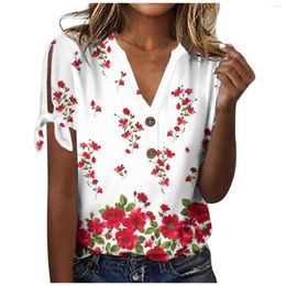 Women's T Shirts Ladies Summer Fashion Floral Print T-shirts Women Loose Casual V-neck Button Tees Female Hollow Out Short-sleeved Tee Tops