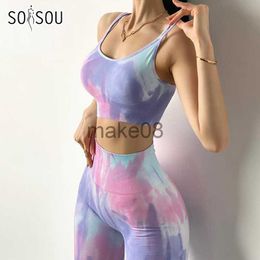 Women's Tracksuits SOISOU New Tiedye Women's Tracksuit Yoga Sets Two Piece Set Women Sexy Seamless Knitted Fitness Sports Tight Suit Women J230720