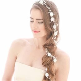 Wedding Bridal Flower Long Hair Chain Band Headband Crystal Rhinestone Crown Tiara Headpiece Jewellery Pearl Headdress Princess Quee250h
