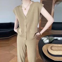 Women's Two Piece Pants WDMSNA French Fashion Knitting Set Summer V-neck Cardigan Higth Waist Wide Leg Sets Womens Outifits