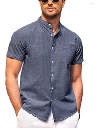 Men's Casual Shirts JIERAN EEWOLDIA Banded Collar Beach Shirt Cotton Linen Button Down Short Sleeve