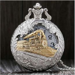 Vintage Silver Charming Gold Train Carved Openable Hollow Steampunk Quartz Pocket Watch Men Women Necklace Pendant Clock Gifts283f