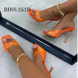 Sandals Summer square toe women pumps pvc Transparent slippers women high heels ladies slippers sandal party dress mules shoes woman L230720