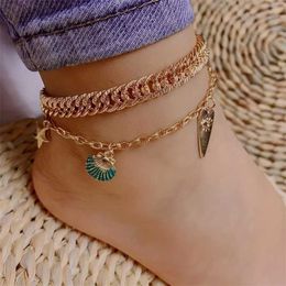 Double Layers Chunky Chain Anklet Set Shell Shape Pendant Ankle Bracelet 230719