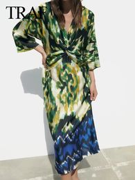 Urban Sexy Dresses TRAF Summer For Women Vintage Beach Dress Woman Midi Elegant Women s 2023 Printed Tunic Long Knot 230719