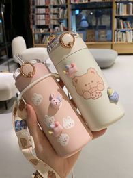 Tumblers 350/480ml Cartoons Stainless Steel Vacuum Flask Coffee Tea Milk Travel straw Cup Cute Bear Water Bottle Insulated Thermos 230720