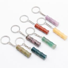 Natural Stone Bamboo Joint Shape Key Rings Crystal Quartz Fluorite Lapis Amethyst Pendant Keychain Keyring Charms Gift