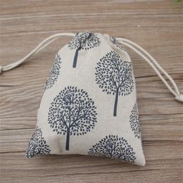 Happy Tree Printed Linen Jewellery Gift Pouch 9x12cm 10x15cm 13x17cm pack of 50 Party Candy Favour Sack Jute Drawstring Bag221m