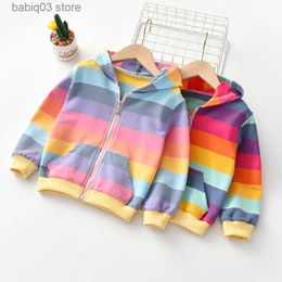 Hoodies Sweatshirts Autumn Baby Girls Hoodie Jacket Kids Sweater Shirt Rainbow Stripe Long Sleeve T-Shirt Children Tops Zipper Sweatshirt Child Coat T230720