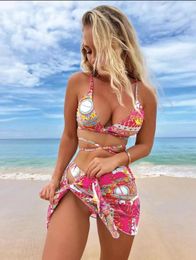 Women's Swimwear Vigorashely Sexy Print Strapped 3PCS Tied Skirt Bikini Set Women Swimsuit High Cut Thong Cross Push Up Bathing Suit