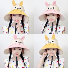 Berets Spring Summer Cute Cartoon Hat Girls Outdoor Sun Hats Large Brim With Windproof Rope Children Caps 5-12years Old