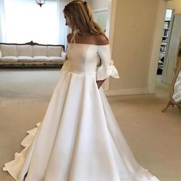 2020 Simple Vintage A Line Wedding Dresses Cheap Off Shoulder Satin Half Sleeves Plus Size Long Button Back Formal Bridal Gowns Wi271b