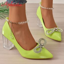 Dress Shoes Aphixta Crystal Bow Chain 7cm Transparent Thick High Heel Pump Women's Shoe Bead 230720