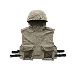 Men's Vests 2023 Summer Men Mesh Splice Pocket Hooded Cargo Vest Jacket Man Women Outdoor Streetwear Fashion Sleeveless Coat Waistcoat