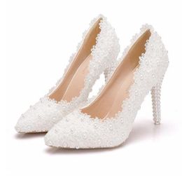 Romantic Pearls White Lace Wedding Shoes For Bride 9 5 Cheap Bridal Shoes Spool Heel Pointed Toe Prom Evening Dress2352