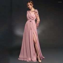 Party Dresses Modern Light Pink Side Slit Formal Evening Dress Chiffon Pleats Long Sleeves Floor Length 3D Flowers Mother Of The Bride