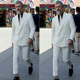 Double-Breasted White Linen Suit For Men Formal Prom Dinner Groom Wedding Tuxeds244A