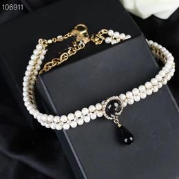 Vintage Brand Designer Pendant Necklace Logo Black Water Drop 3 Layers Crystal Double Pearl Chain Choker For Women Jewelry325p