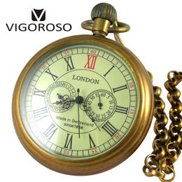 Pocket Watches VIGOROSO Collectible Antique Old Copper Mechanical Pocket Watch FOB Chain Hand Winding Roman numerals 1224 Hours Vintage Clock 230719