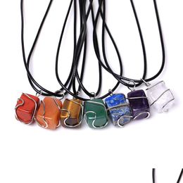 Pendant Necklaces Copper Wire Wind Rec Natural Stone For Women 7 Chakra Quartz Healing Crystal Yoga Black Rope Chain Drop De Dhgarden Dhdku