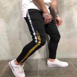 Brand New Mens Jeans Mens Designer Skinny Ripped Yellow Red Stripes Pants Mens Stretch Slim Biker Jeans275u