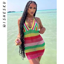 Basic Casual Dresses Sexy Summer Crochet Hollow Backless Hawaiian Strap Mini Dress Beach Mask Party Shorts Sundress Women's Club Bohemian Set 230720