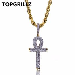 TOPGRILLZ Collana Hip Hop Rock Color oro All Iced Out Micro Pave CZ Stone Collane con pendente a croce Ankh con catena di corda da 60 cm292f