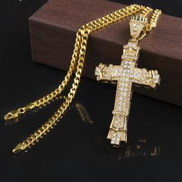 New Retro Silver Cross Charm Pendant Full Ice Out CZ Simulated Diamonds Catholic Crucifix Pendant Necklace With Long Cuban Chain G246W