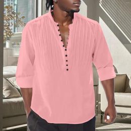Men's Casual Shirts Blouse Cotton Linen Shirt Loose Tops Long Sleeve Tee Spring Autumn Vacation Pleated Pink Men Clothing
