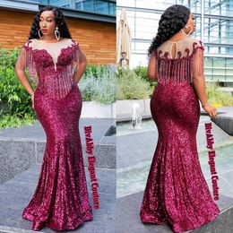2019 Aso Ebi Arabic Burgundy Sparkly Sexy Evening Dresses Sheer Neck Beaded Mermaid Prom Dresses Cheap Formal Party Bridesmaid Gow305V