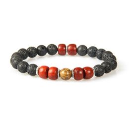 New Designs Wood Jewelry Whole 10pcs lot 8mm Lava Rock Stone with Natural Red Wood Beaded Bracelet for men281c