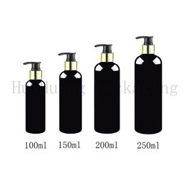 30pcs lot 100 150 200 250ml black gold collar screw shampoo lotion pump plastic bottle soap dispenser cosmetic packaging bottles2676