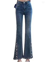 Women's Jeans Casual Denim Cropped Pants With Studded Diamond Split Flared 2023 Korean Fashion Clothing