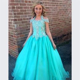 Sparkly Halter Neck Girls Pageant Dresses Crystals Beaded Tulle A Line Kids Prom Dress Party Gowns Flower Girl Dress Custom Size291l