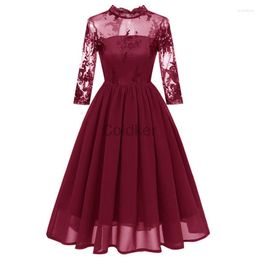 Casual Dresses 2023 Women Elegant Lace Chiffon Evening Party Dress Hallow O Neck Robes Ladies Vintage Emboridered A-line Vestidos For