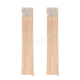 Trendy Metal Rhinestone Geometric Long Tassel Earrings for Bridal Engagement Creative Jewelry Women's Charm Accessories Gift