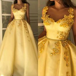 2020 Yellow Prom Dresses Appliqued Lace A Line Belt Floor Length Fairy Evening Dress Custom Made Cheap Special Occasion Gowns180m