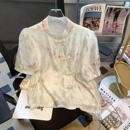 Women's Blouses Satin Shirts Summer 2023 Flower Chinese Style Slim Silk Short Sleeve Top Ladies O-neck Clothing YCMYUNYAN