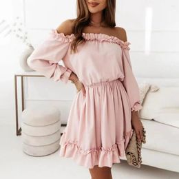 Casual Dresses Lady Ruffle Trim Dress Elegant Off-shoulder Mini Chic A-line Style For Women's Summer Prom Party With Pleated