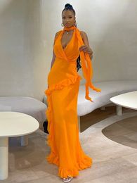 Basic Casual Dresses Women's Elegant Deep V-Neck Strapless Split Collar Zipper Body Dress Sexy Ruffle Strap Dress Club Dress Summer Orange Sundress 230720