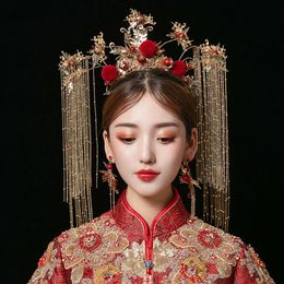 Traditional Chinese Wedding Bride Gold Queen Crown Red Headpieces Vintage Wedding Tiara Headdress Bridal Hair Accessories285F