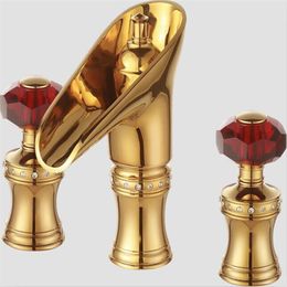 3 pCS 8 Widespread Basin Lavatory sink Faucet Waterfall Gold Tap red crystal handles247e