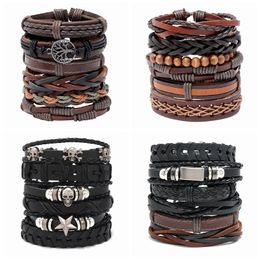6pcs/Set Leather Braided Bracelet For Men Women Handmade Wrist Cuff Bracelet Set Hemp Cords Wood Beads Ethnic Tribal