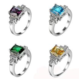 Luckyshien Family Friend Gifts Rings Amethyst Topaz Square Rings 925 Silver Wedding Lovers Men Women Jewelry220F